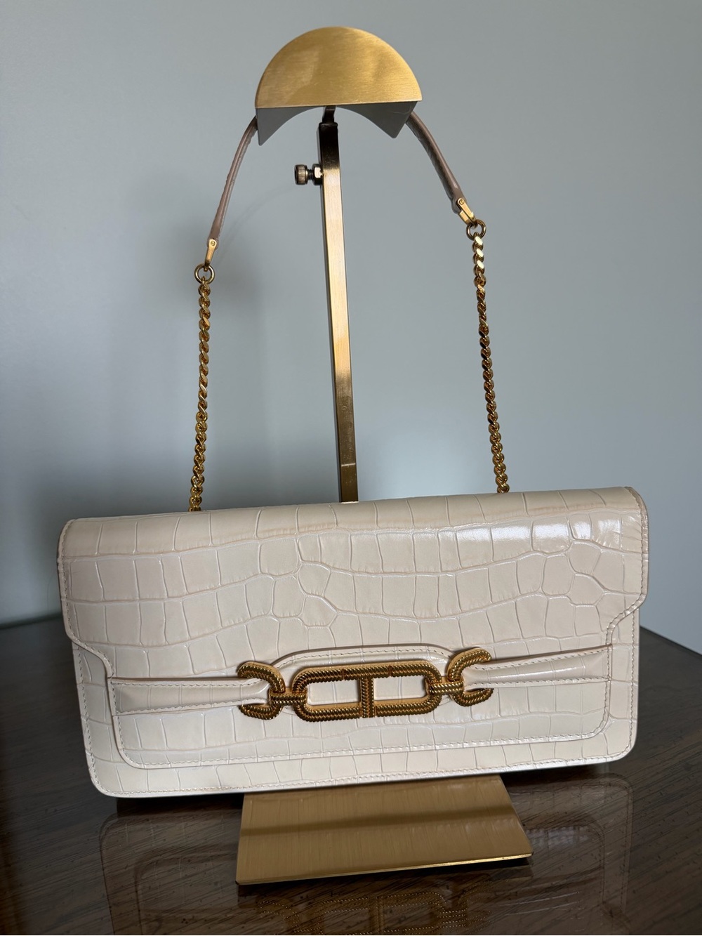Tom Ford Cream Croc-Embossed Shoulder Bag with Gold Chain